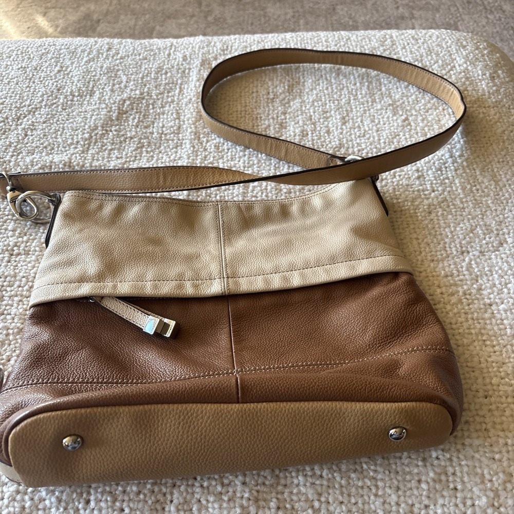 Tignanello Two Tone Tan Brown Pebbled Leather Shoulder Bag Hobo Purse Handbag